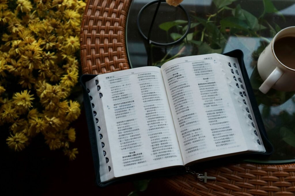 A Bible opened in morning light symbolizes hope and reflection