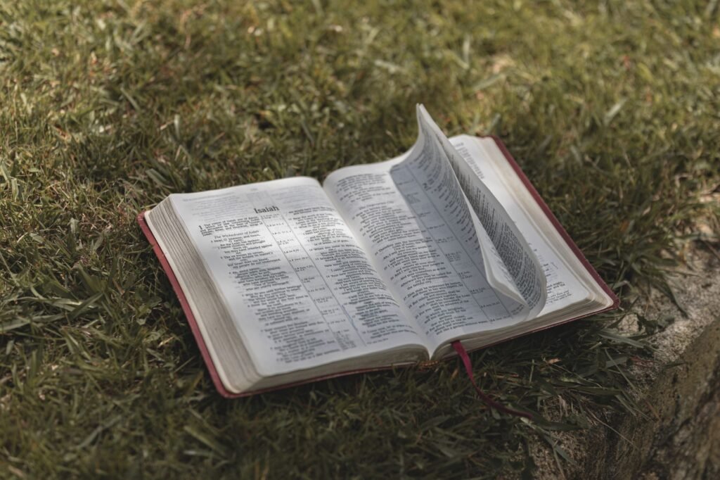 A serene image of an open Bible in nature, symbolizing God's presence in our lives